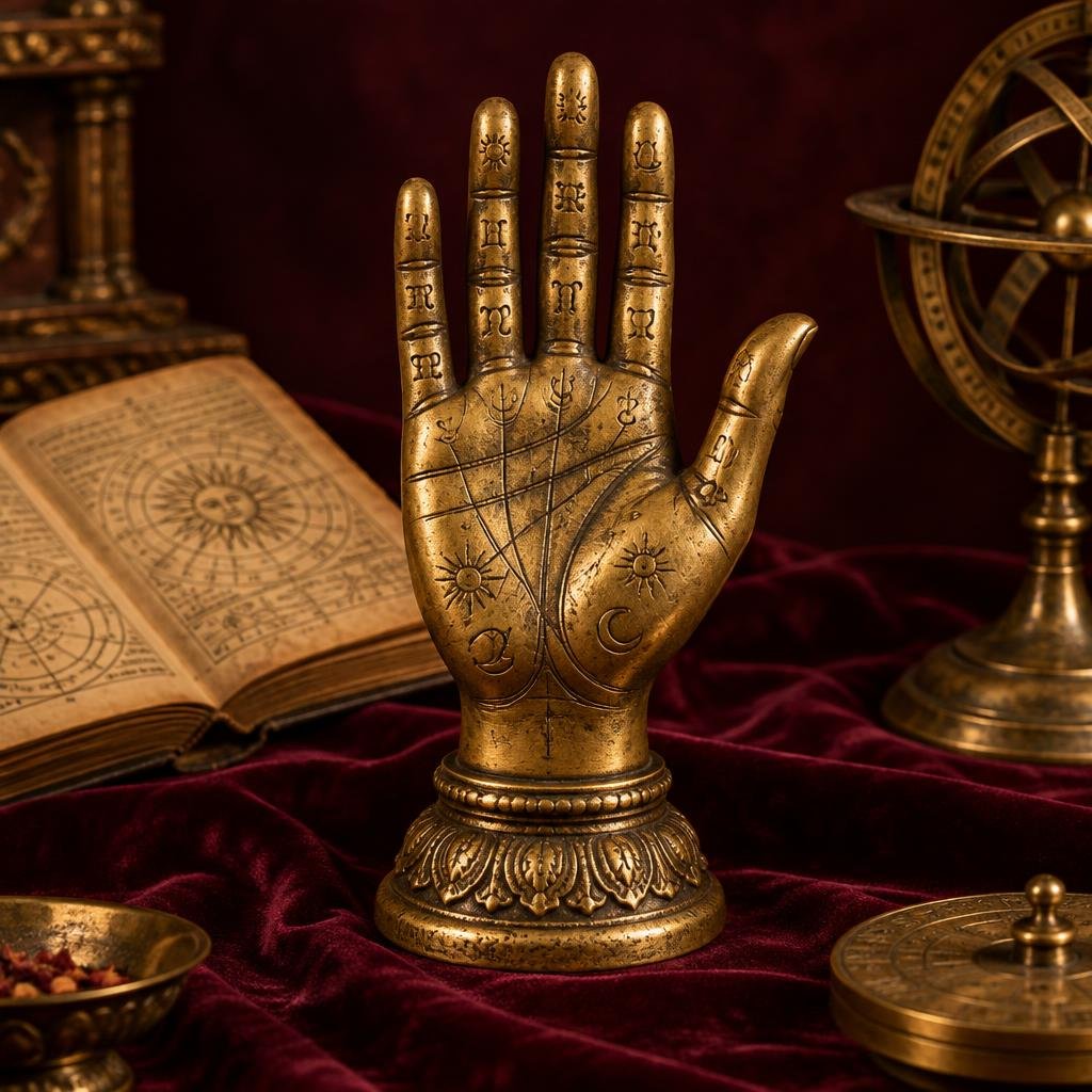 Brass palmistry hand sculpture with detailed palm lines